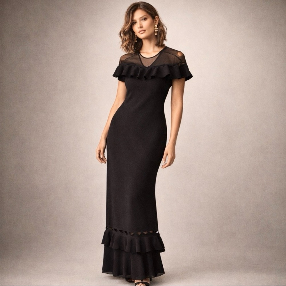 Sachin&Babi Black Ruffle Hem Maxi Dress Sheer Mesh Yoke Column Gown Floor Length